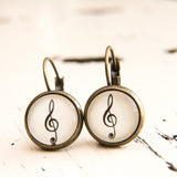 Cabochon Dangly & Stud Earrings / Natural Graphic Treble Clef / Black And White