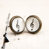 Cabochon Dangly & Stud Earrings / Natural Graphic Treble Clef / Black And White