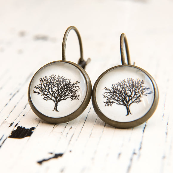 Cabochon Dangly & Stud Earrings /  Natural Graphic Tree / Black And White