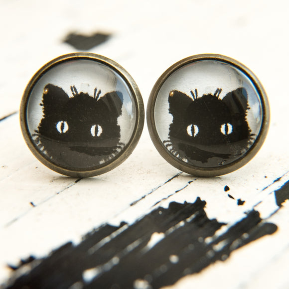 Cabochon Dangly & Stud Earrings / Natural Graphic Black Cat Face / Black And White