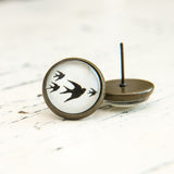 Cabochon Dangly & Stud Earrings / Natural Graphic 4 Swallows / Black And White