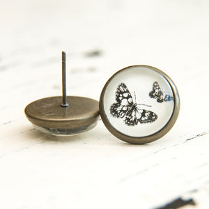 Cabochon Dangly & Stud Earrings / Natural Graphic Butterflies / Black And White