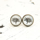 Cabochon Dangly & Stud Earrings /  Natural Graphic Tree / Black And White