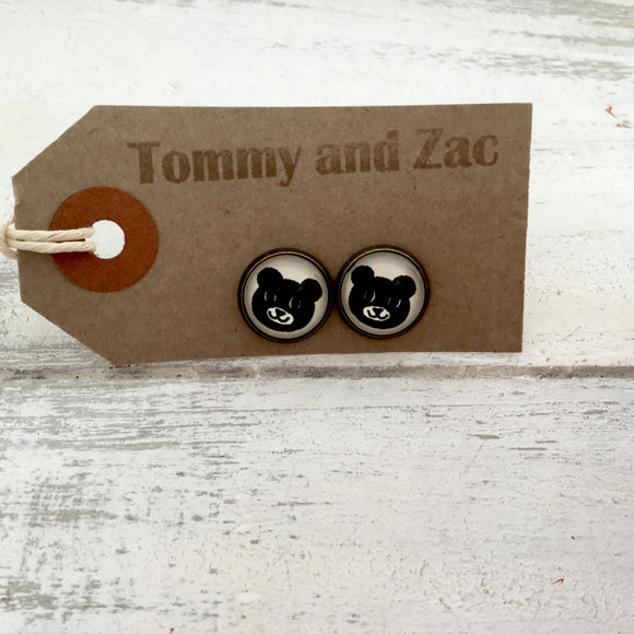 Cabochon Dangly & Stud Earrings / Natural Graphic A Bear Face / Black And White