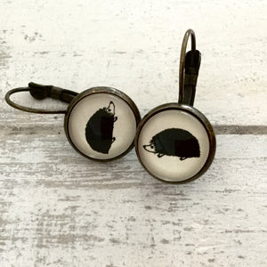 Cabochon Dangly & Stud Earrings / Natural Graphic Hedgehog / Black And White