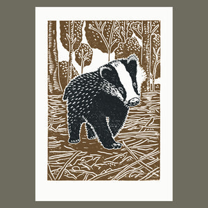 Young Badger linocut poster-print