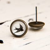 Cabochon Dangly & Stud Earrings / Natural Graphic Swallow / Black And White