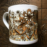 Mustard Black and White squiggles and lines floral pattern fine China Mug