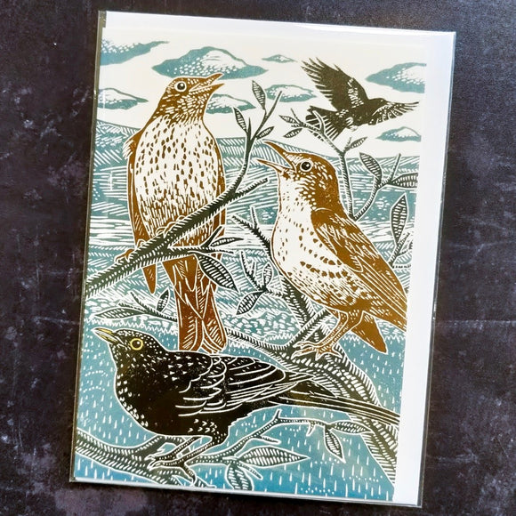 Blackbirds and Thrushes Lino Art Card