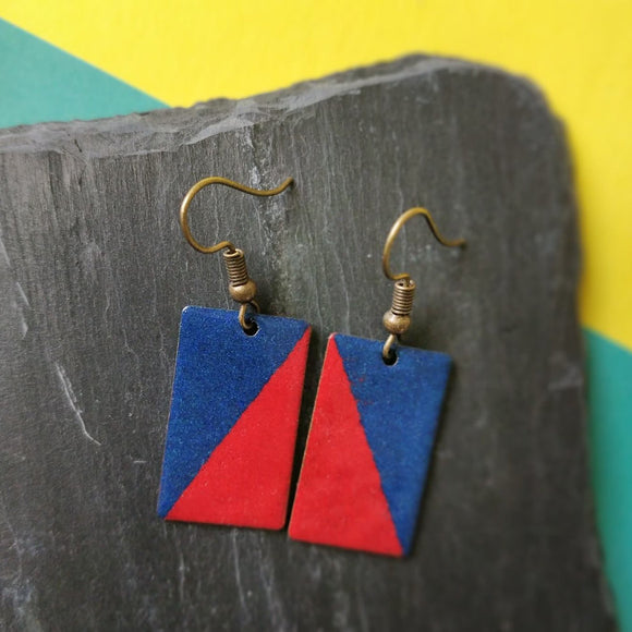 Red and Dark Blue Rectangle Enamel Dangly Earrings