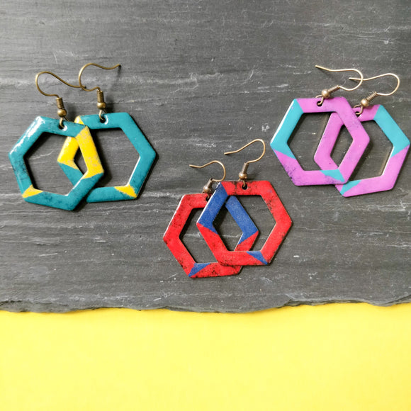 Hexagon Cut Out Enamel Dangly Earring