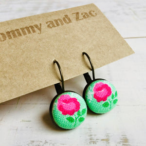 Cotton Fabric Earrings / Pink Rose Green